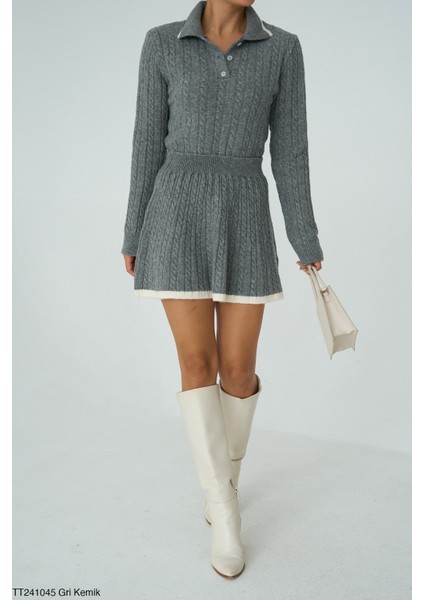 Kadın Triko Mini Etek Erkek Yakaz Kazak Ikili Takım