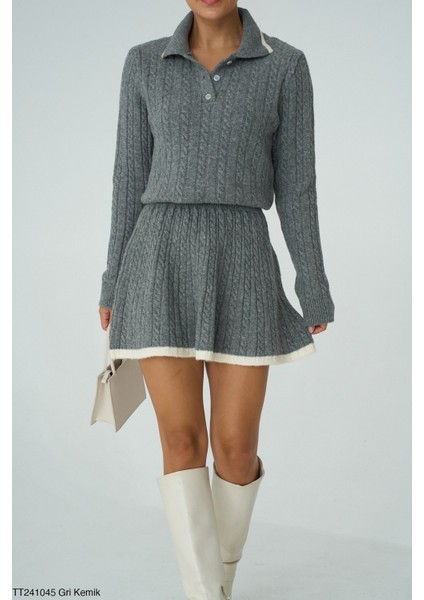 Kadın Triko Mini Etek Erkek Yakaz Kazak Ikili Takım modelleri