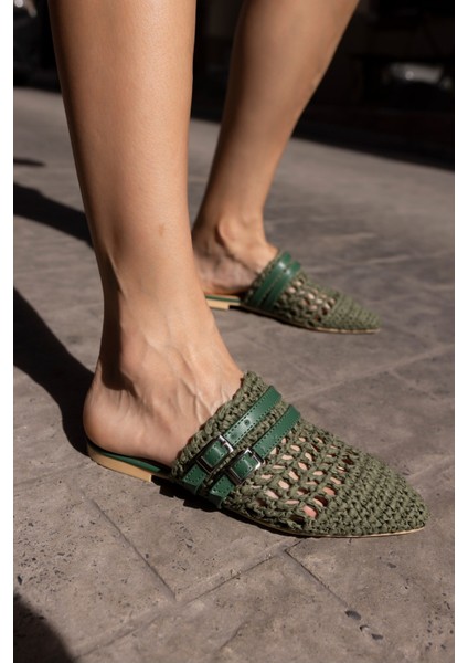 Raffia Kadin Siyah Örgu Kemerli Hasir Terlik