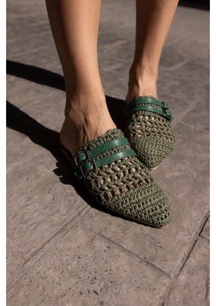 Raffia Kadin Siyah Örgu Kemerli Hasir Terlik