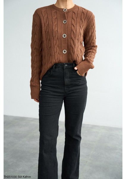 Kadın Saç Örgü Basıc Düğmeli Triko Hırka