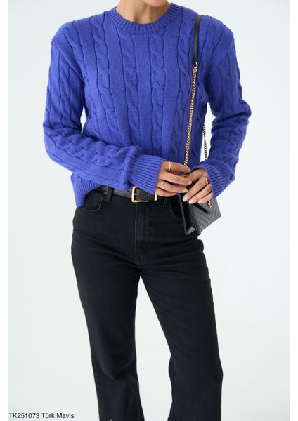 Kadın Basıc Saç Örgü Detaylı Kışlık Kazak