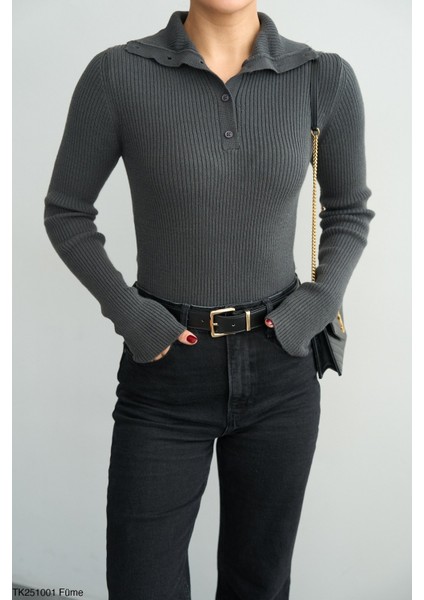 Kadın Erkek Yaka Yarım Fitilli Düğmeli Kışlık Kazak