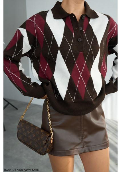 Kadın Baklava Desenli Erkek Yaka Kalın Kışlık Kazak