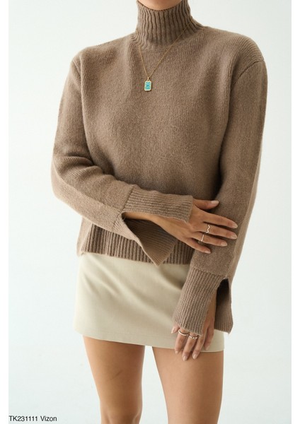 Kadın Yarm Balıkçıl Boğaz Kol Detaylı Kışlık Kazak