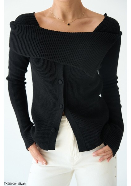 Kadın Kayık Yaka Düğmeli Basic Günlük Triko Kazak modelleri