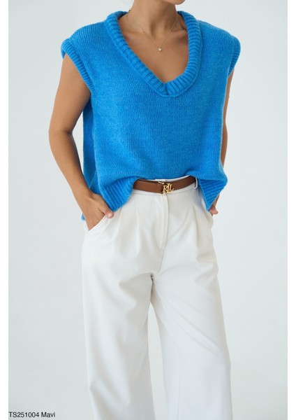 Kadın V Yaka Kısa Kol Triko Süveter