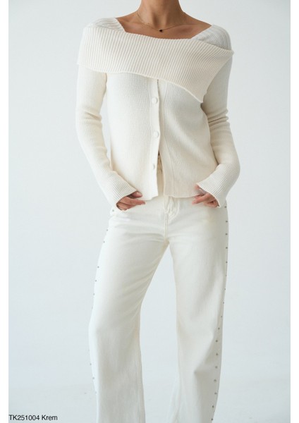 Kadın Kayık Yaka Düğmeli Basic Günlük Triko Kazak modelleri