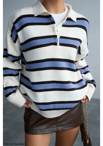 Kadın Erkek Yaka Çizgili Yarım Düğmeli Triko Kazak