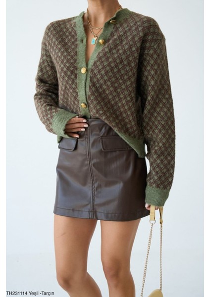 Desenli Düğmeli Triko Hırka