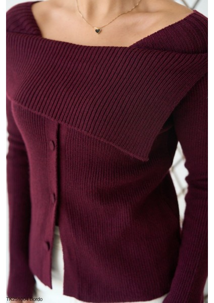 Kadın Kayık Yaka Düğmeli Basic Günlük Triko Kazak modelleri