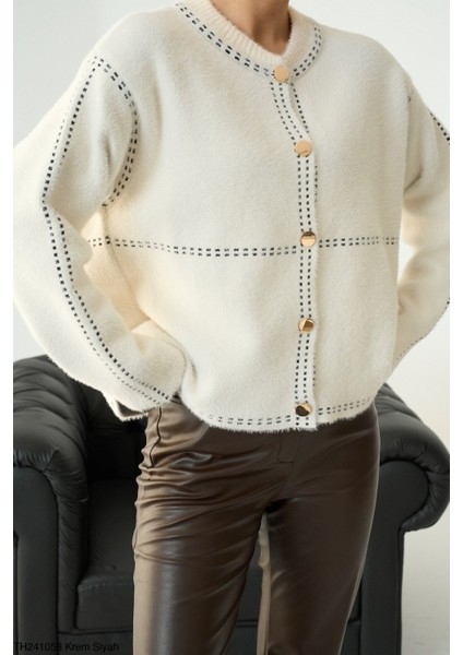 Kadın Full Düğmeli Çizgi Desenli Triko Kazak modelleri