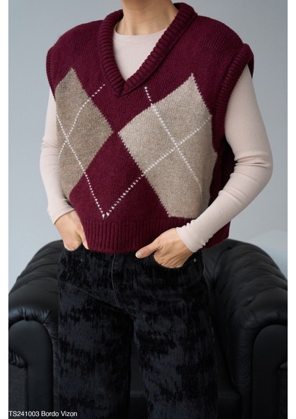 Kadın Çift Renk Baklava Desenli Süveter