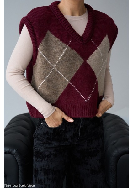 Kadın Çift Renk Baklava Desenli Süveter modelleri