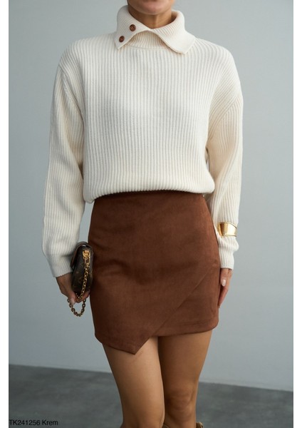 Kadın Basıc Boğazlı Fitilli Oversıze Kazak