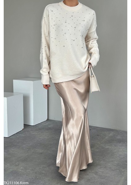 Kadın Taş Detaylı Peluş Standart Kazak modelleri