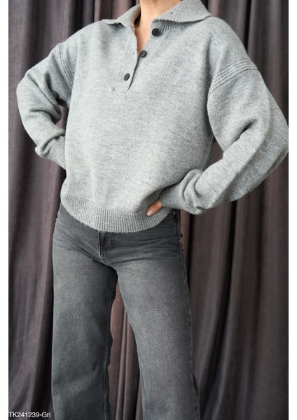 Kadın Erkek Yaka Yarım Düğmeli Kışlık Kazak