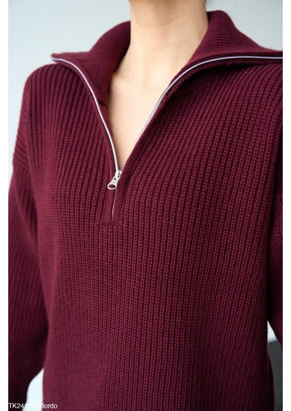 Kadın Yarım Fermuarlı Salaş Kışlık Kazak