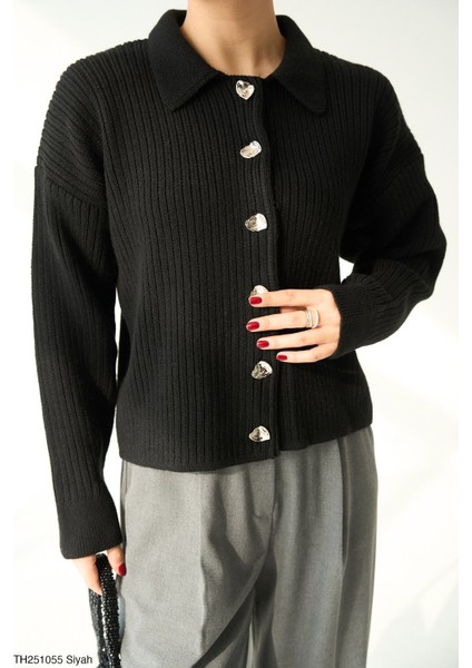 Kadın Erkek Yaka Fitilli Full Düğmeli Triko Hırka