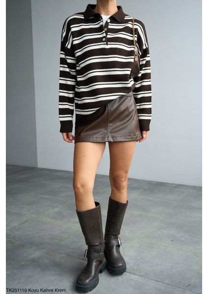 Kadın Erkek Yaka Çizgili Yarım Düğmeli Triko Kazak