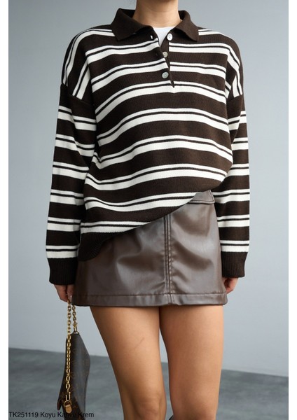 Kadın Erkek Yaka Çizgili Yarım Düğmeli Triko Kazak fiyatları
