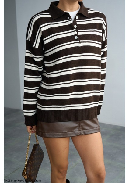 Kadın Erkek Yaka Çizgili Yarım Düğmeli Triko Kazak fırsatları