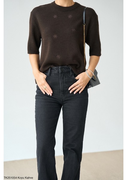 Kadın Bisiklet Yaka Kendinden Desenli Kısa Kol Kazak modelleri