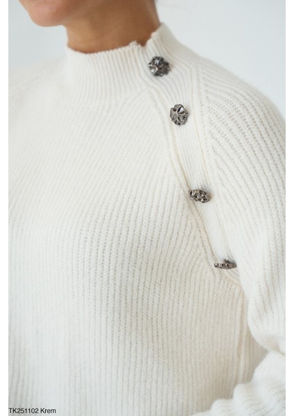 Kadın Kol Düğme Detaylı Basıc Triko Kazak