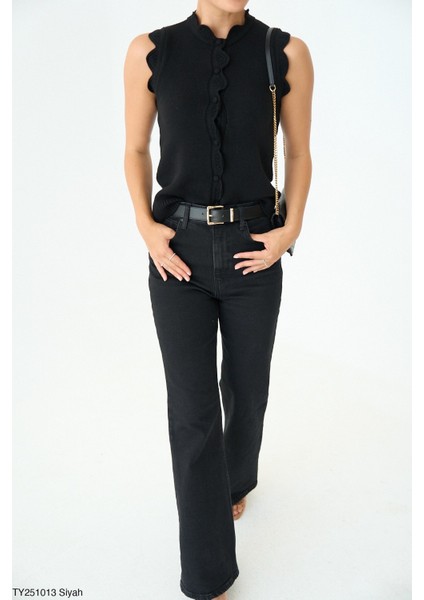 Kadın Yuvarlak Yaka Fırfır Detaylı Triko Yelek modelleri