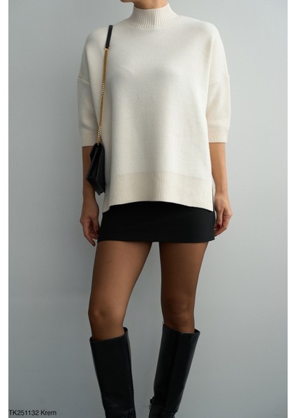 Kadın Yarım Balıkçıl Yaka Kısa Kol Kazak