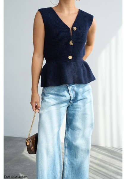 Kadın V Yaka Fırfır Detaylı Triko Yelek fiyatları