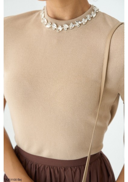 Kadın Bisiklet Yaka Taşlı Kısa Kol Kazak modelleri