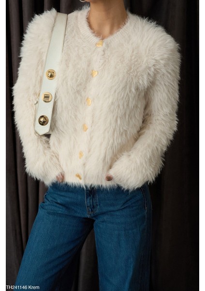 Kadın Peluş Bisiklet Yaka Düğmeli Kazak