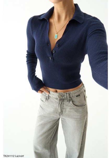 Kadın Erkek Yaka Düğmeli Triko Kazak