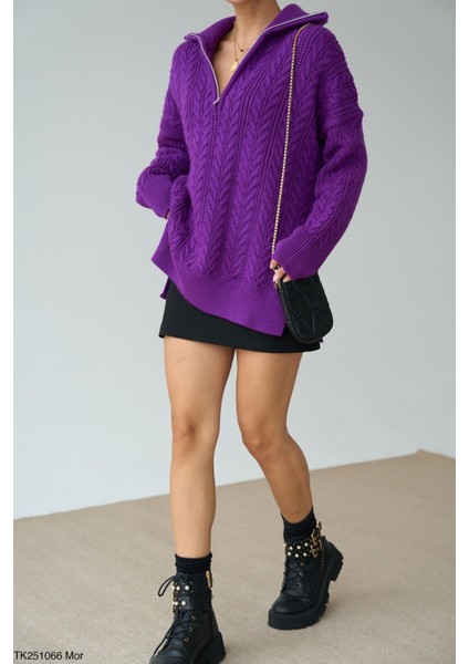 Kadın Yarım Fermuarlı Boğazlı Örme Triko Kazak fiyatları