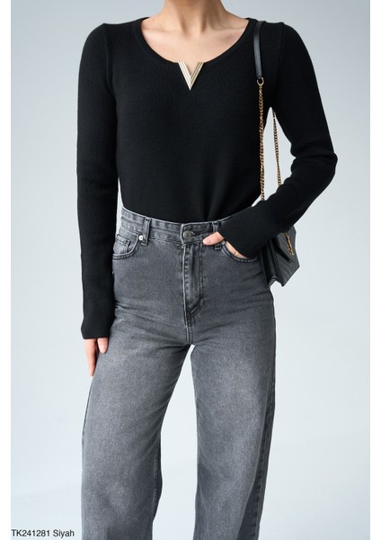 Kadın V Yaka Aksesuarlı Ince Kazak modelleri