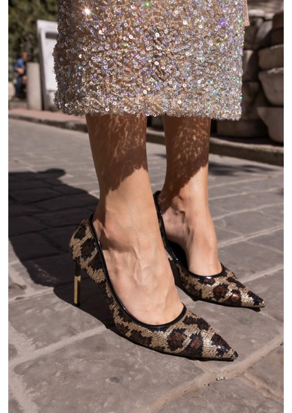 Paradiso Kadın Kahve Leopar Payetli Topuklu Astarsız Stiletto