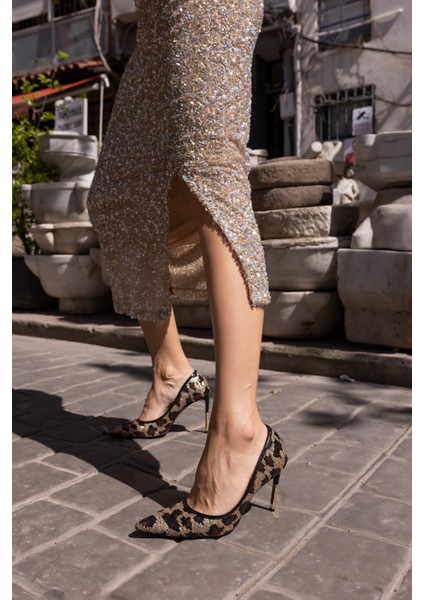 Paradiso Kadın Kahve Leopar Payetli Topuklu Astarsız Stiletto modelleri