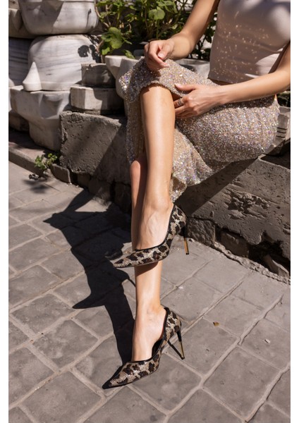 Paradiso Kadın Kahve Leopar Payetli Topuklu Astarsız Stiletto