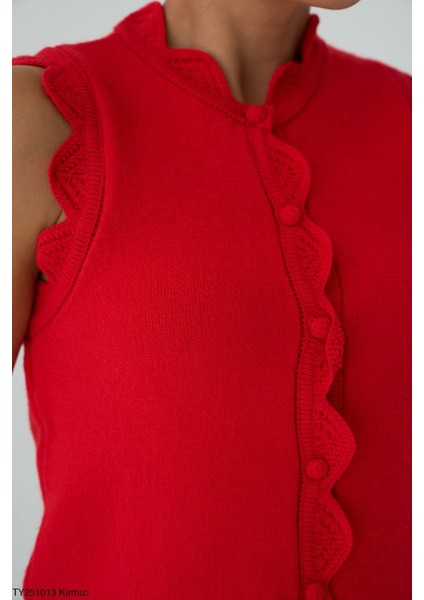 Kadın Yuvarlak Yaka Fırfır Detaylı Triko Yelek modelleri