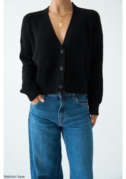 Kadın Düğmeli Standart Beden Kısa Basıc Triko Hırka fiyatları