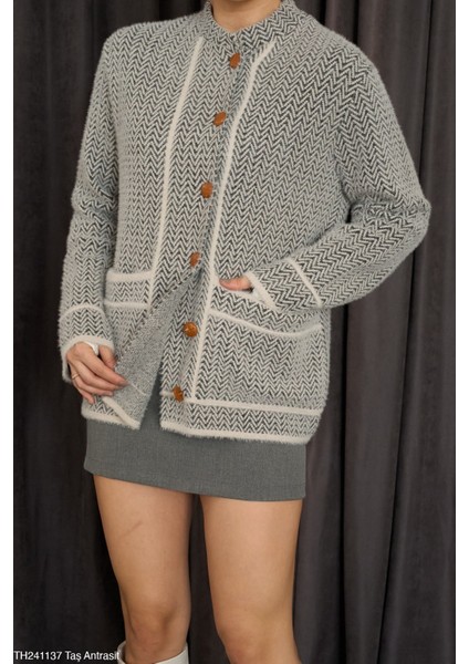 Kadın Örme Balık Sırtı Desenli Cepli Oversize Triko Hırka modelleri