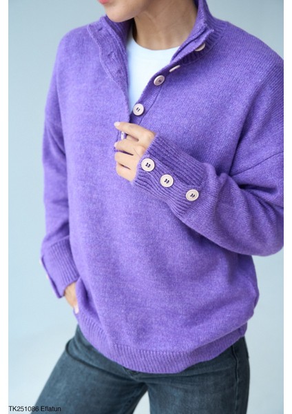 Kadın Kol ve Boğaz Düğme Aksesuarlı Triko Kazak modelleri