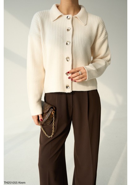 Kadın Erkek Yaka Fitilli Full Düğmeli Triko Hırka