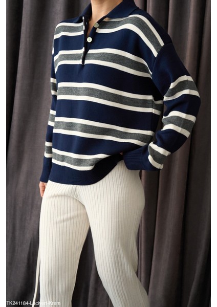Kadın Erkek Yaka Çizgili Yarım Düğmeli Triko Kazak