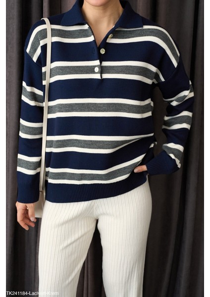 Kadın Erkek Yaka Çizgili Yarım Düğmeli Triko Kazak fiyatları