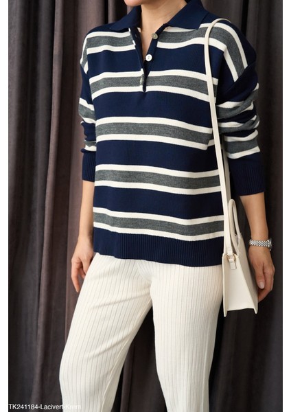 Kadın Erkek Yaka Çizgili Yarım Düğmeli Triko Kazak modelleri