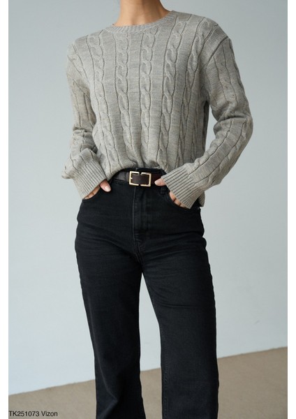 Kadın Basıc Saç Örgü Detaylı Kışlık Kazak