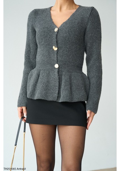 Kadın Fırfır Detaylı Basıc Fitilli Düğmeli Triko Hırka