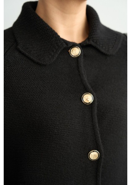 Kadın Rekli Düğmeli Çift Çepli Uzun Oversize Triko Hırka